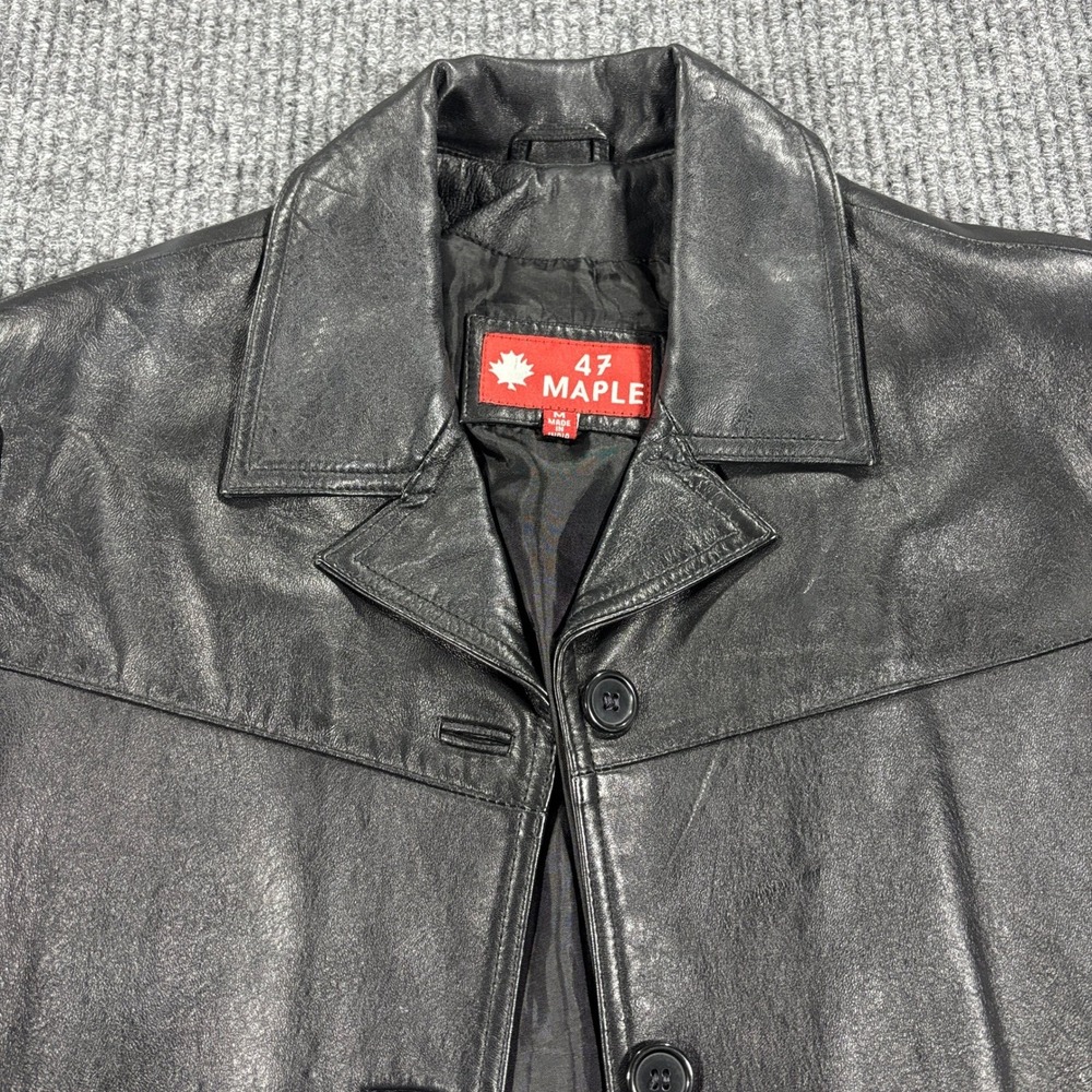 47 Maple Leather Jacket Women Size‎ M Black Button Front Classic Coat